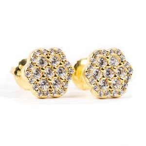 Mens Iced Yellow Gold Flower Sterling Silver Screw Back Stud Cluster Earrings